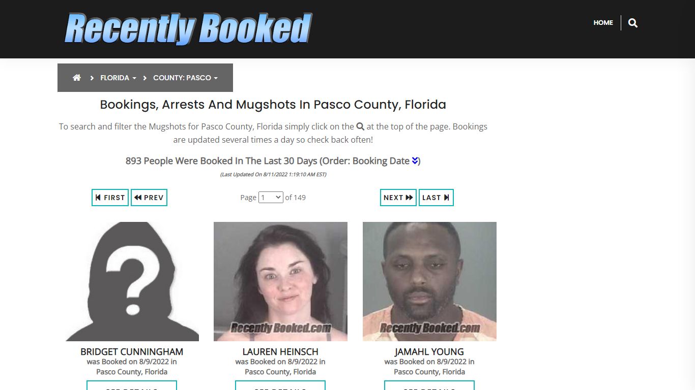 Recent bookings, Arrests, Mugshots in Pasco County, Florida